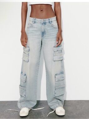 Zara Light Blue Wide-Leg Cargo Jeans